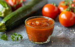 Un cuenco de kétchup de calabacín. Alrededor hay ingredientes frescos.