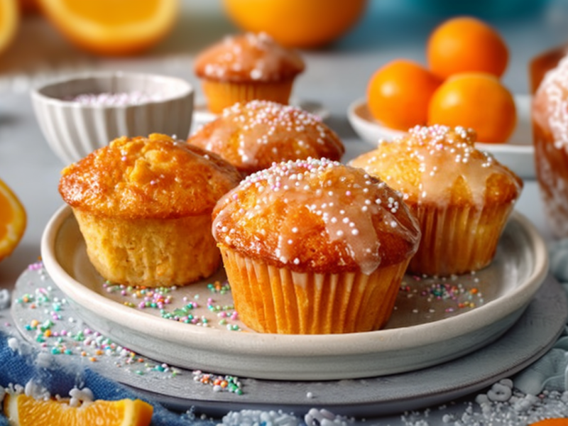 Un plato con muffins de Fanta con glaseado y chispas de colores. Al fondo hay mitades de naranja cortadas.