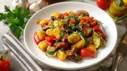 Un plato de ñoquis a la ratatouille, colocado sobre una servilleta de tela a rayas. A la derecha del plato hay un cuchillo. Además, alrededor del plato se ven ingredientes como tomates frescos, perejil fresco y ajo.