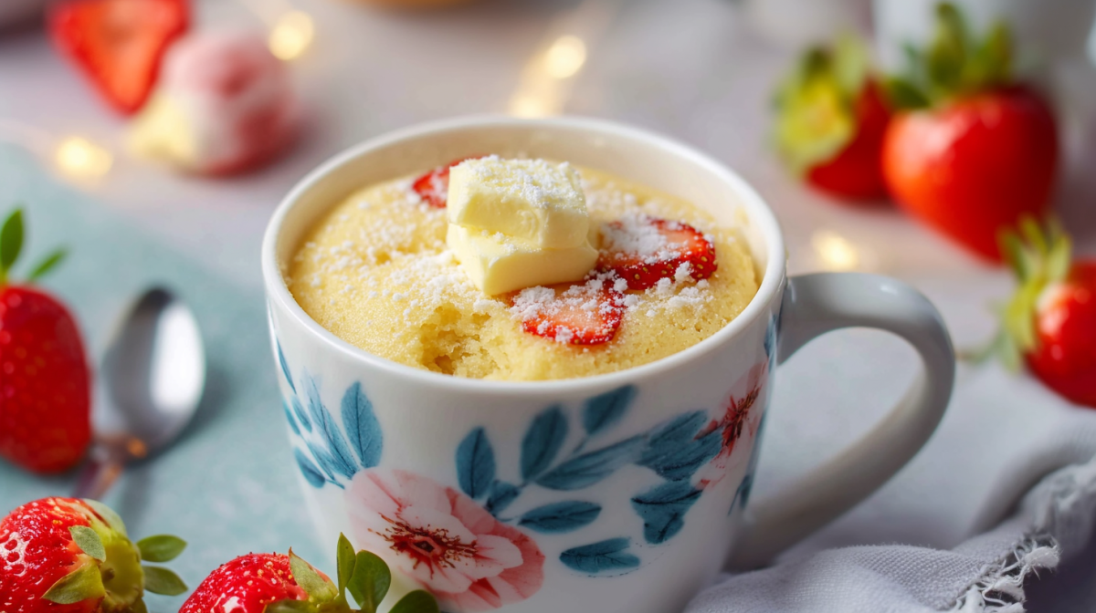 Un panqueque en taza sobre un fondo claro en una taza con flores. Alrededor hay fresas.