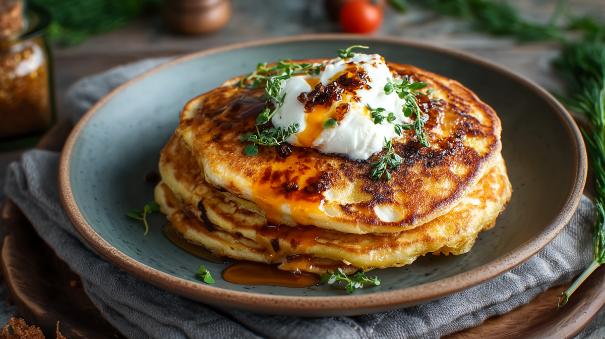 Una pila de panqueques picantes de halloumi en un plato azul grisáceo. Están cubiertos con crema agria y aceite. Al fondo se ven más ingredientes.