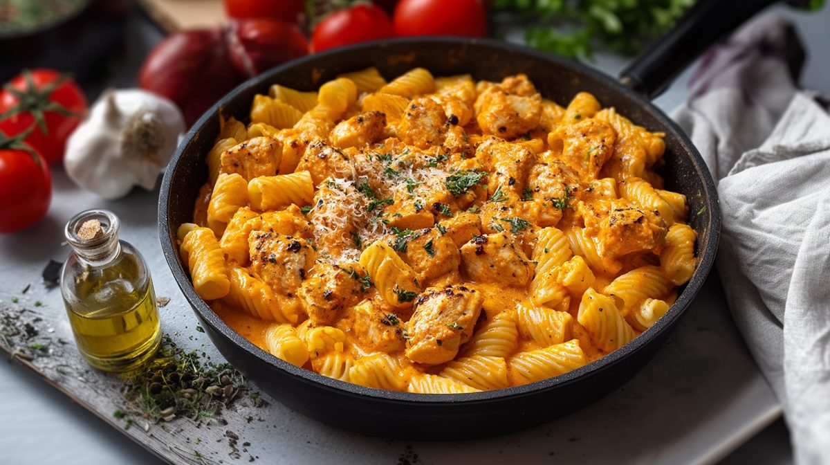 Sartén con pasta con pollo y ajvar