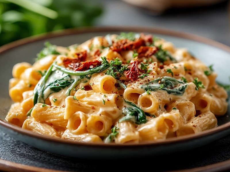 Un plato grande con una porción de pasta en salsa cremosa de tofu.