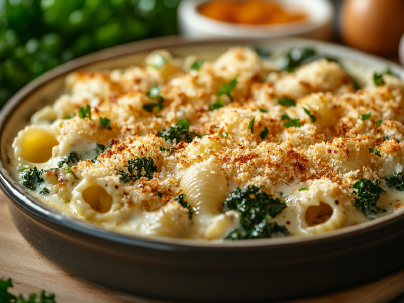 Pasta y col rizada al horno con Panko.
