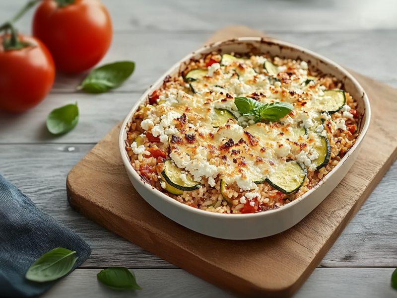 Una fuente para horno con un pastel de arroz con calabacín y carne picada, gratinado con queso feta y decorado con unas hojas de albahaca fresca. Además, hay un ramo de tomates al fondo. También hay un paño de cocina y algunas hojas de albahaca sueltas.