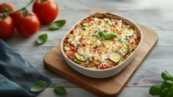 Una fuente para horno con un pastel de arroz con calabacín y carne picada, gratinado con queso feta y decorado con unas hojas de albahaca fresca. Además, hay un ramo de tomates al fondo. También hay un paño de cocina y algunas hojas de albahaca sueltas.