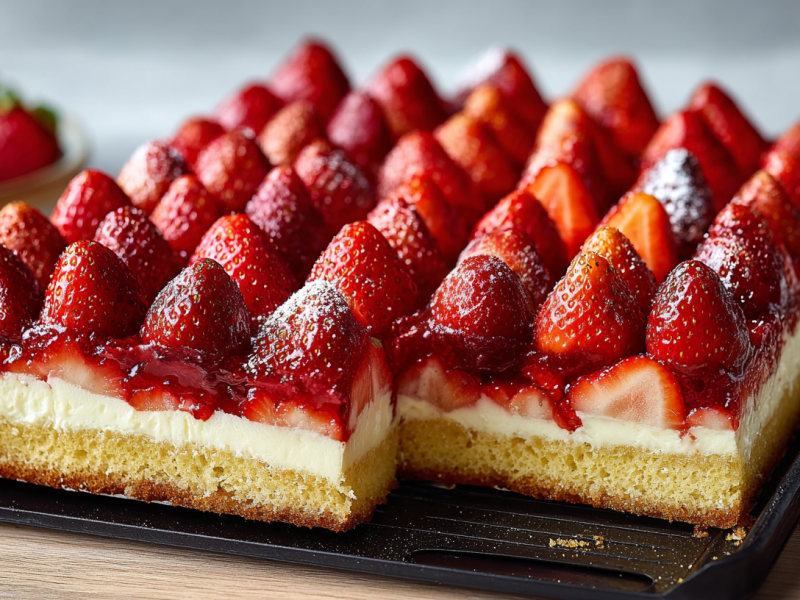 Pastel de fresas con natilla en bandeja.