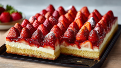 Pastel de fresas con natilla en bandeja.