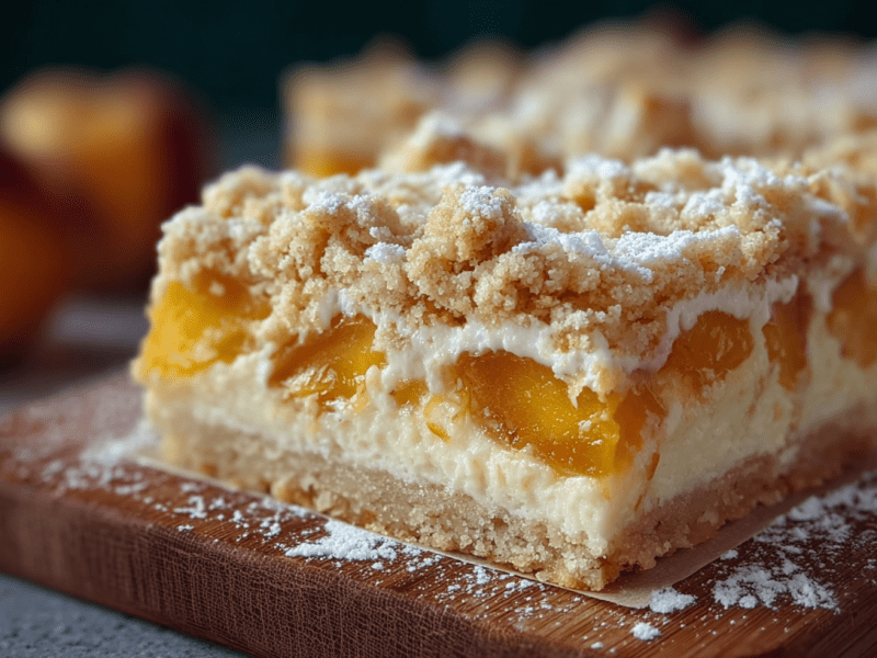 Un trozo de pastel de requesón y durazno en bandeja. Al fondo se ven duraznos enteros y el resto del pastel.