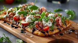 Una pizza de pan plano que se encuentra en una tabla de madera.