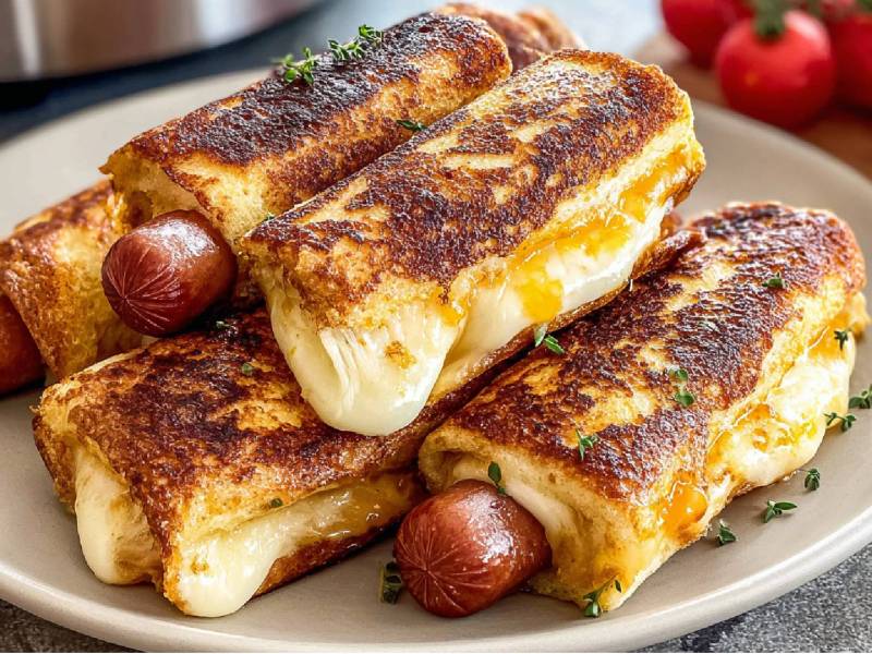 Un plato con un sándwich de perrito caliente con queso a la parrilla en la freidora de aire