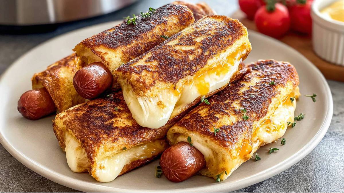 Un plato con un sándwich de perrito caliente con queso a la parrilla en la freidora de aire