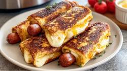 Un plato con un sándwich de perrito caliente con queso a la parrilla en la freidora de aire