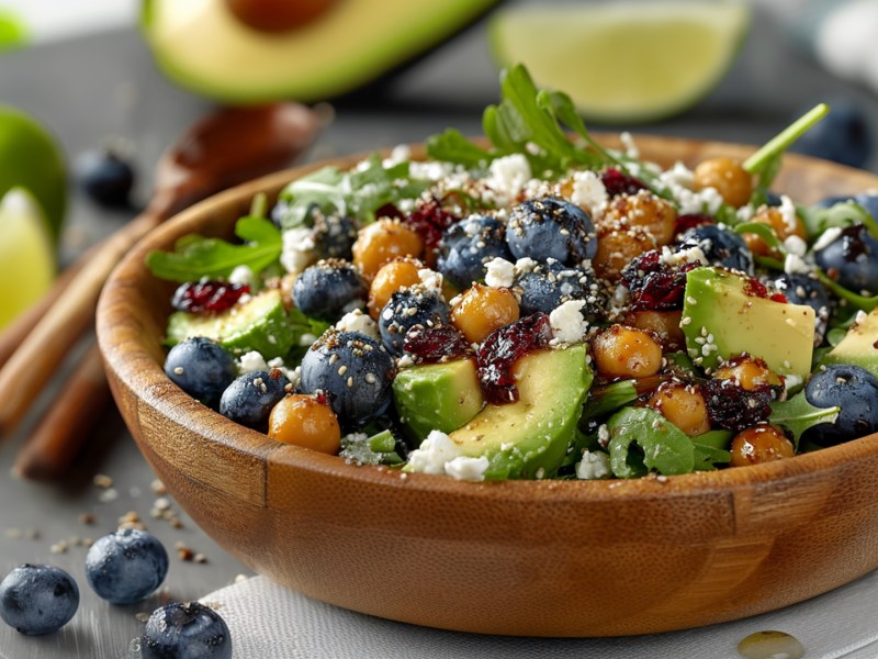 Una gran ensaladera de madera llena de ensalada de garbanzos con arándanos. Alrededor hay ingredientes frescos como aguacate, limas y arándanos, así como cubiertos de madera.