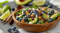 Una gran ensaladera de madera llena de ensalada de garbanzos con arándanos. Alrededor hay ingredientes frescos como aguacate, limas y arándanos, así como cubiertos de madera.