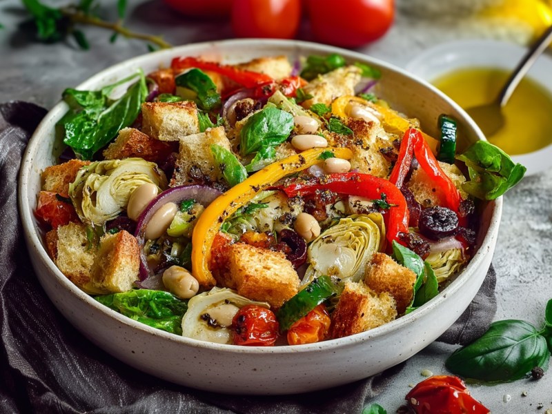 Un plato grande de ensalada de pan con pimientos asados. Alrededor se ven ingredientes frescos como albahaca y tomates. Además, hay un tazón con aceite y una cuchara en la encimera.