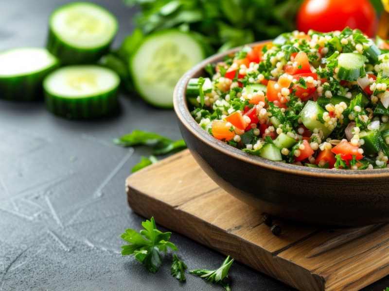 Ensaladera con ensalada de perejil, tomates y pepino sobre una tabla de madera y un fondo oscuro