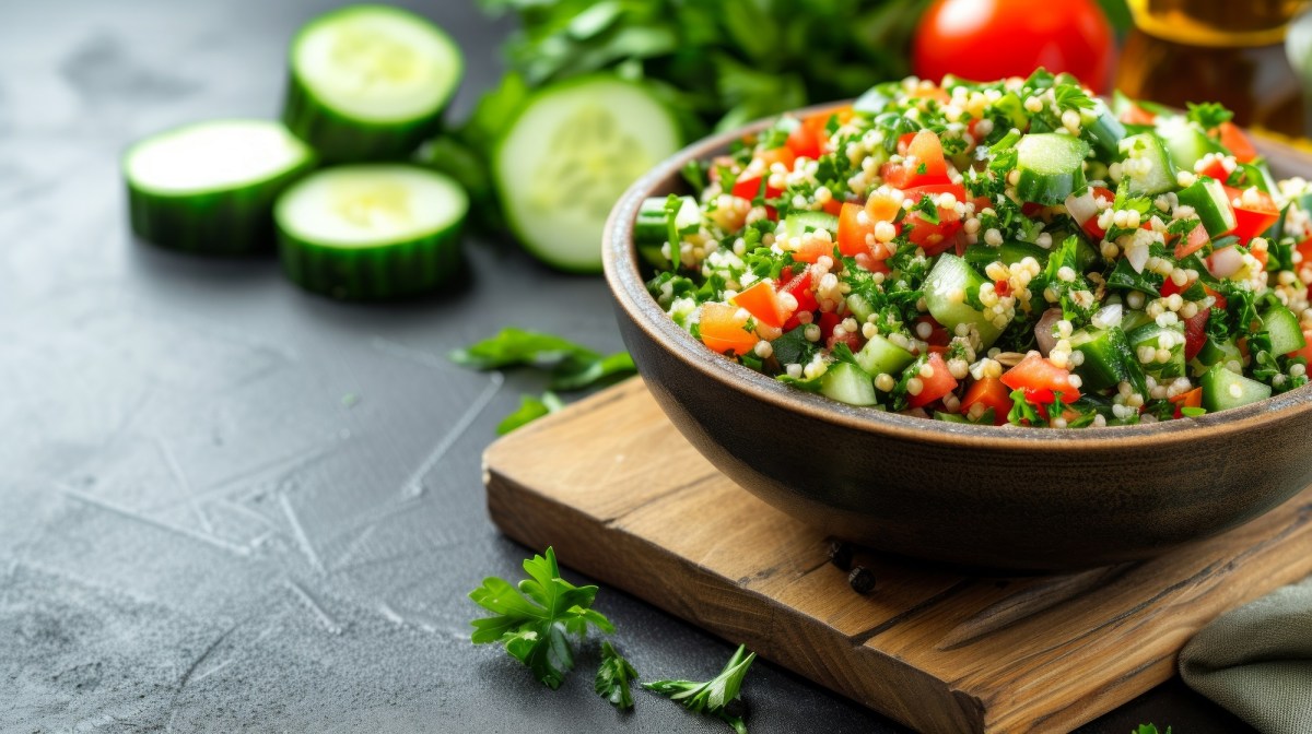 Ensaladera con ensalada de perejil, tomates y pepino sobre una tabla de madera y un fondo oscuro