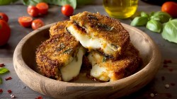 Un bol de madera con algunos crujientes paquetitos de berenjena. Alrededor se ven tomates cherry, albahaca fresca y un frasco de vidrio con aceite de oliva.