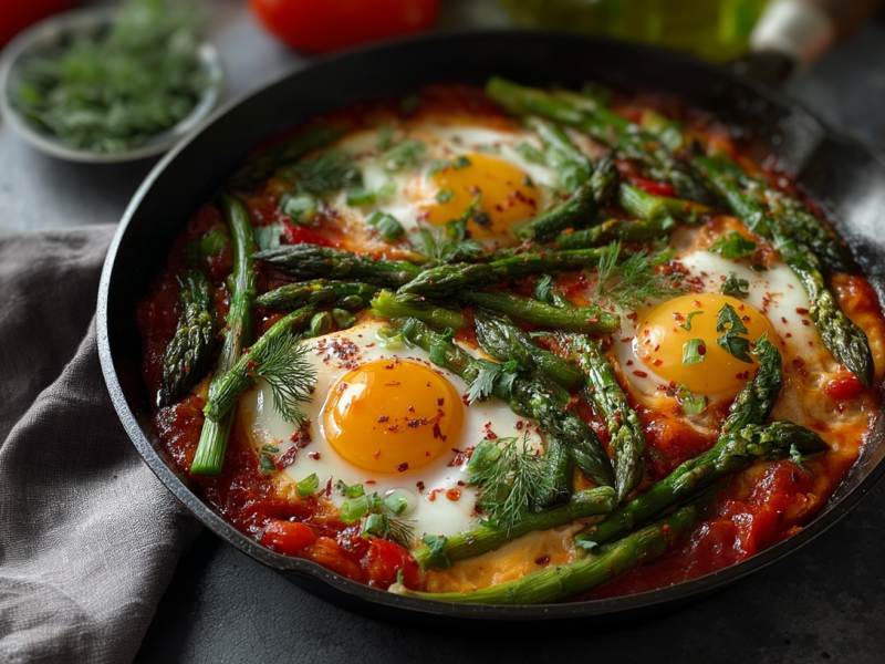Una shakshuka de espárragos en una sartén con tres huevos. Alrededor de la sartén hay varios tomates esparcidos. La sartén está sobre un paño de cocina gris.