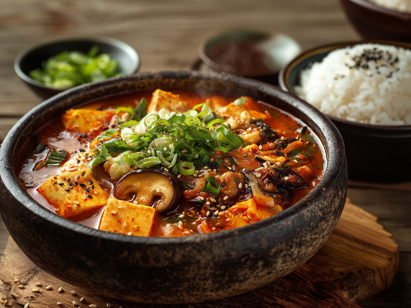 Una sopa de kimchi en un tazón negro sobre un posavasos de madera en una mesa de madera. Alrededor del tazón hay varios ingredientes. A la izquierda hay algunos hongos en un tazón, junto a ellos aros verdes de cebollín, luego algunas especias y a la derecha un tazón de arroz.