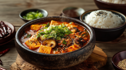 Una sopa de kimchi en un tazón negro sobre un posavasos de madera en una mesa de madera. Alrededor del tazón hay varios ingredientes. A la izquierda hay algunos hongos en un tazón, junto a ellos aros verdes de cebollín, luego algunas especias y a la derecha un tazón de arroz.