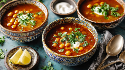 Dos tazones de sopa marroquí de garbanzos sobre una mesa. En un plato aparte, dos mitades de limón. Al fondo, un pequeño tazón con yogur.