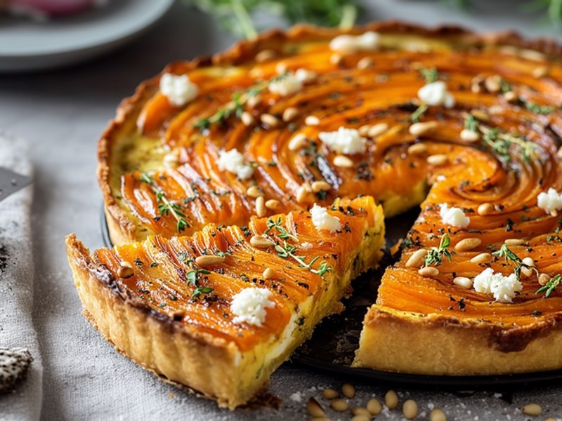 Una tarta de zanahoria y ricotta adornada con un poco de feta. La tarta está cortada. Al fondo se puede ver un plato con cebollas rojas. Junto a él parece haber hierbas frescas. Delante de la tarta hay piñones esparcidos.