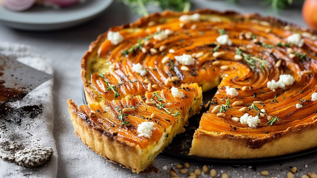 Una tarta de zanahoria y ricotta adornada con un poco de feta. La tarta está cortada. Al fondo se puede ver un plato con cebollas rojas. Junto a él parece haber hierbas frescas. Delante de la tarta hay piñones esparcidos.