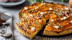 Una tarta de zanahoria y ricotta adornada con un poco de feta. La tarta está cortada. Al fondo se puede ver un plato con cebollas rojas. Junto a él parece haber hierbas frescas. Delante de la tarta hay piñones esparcidos.