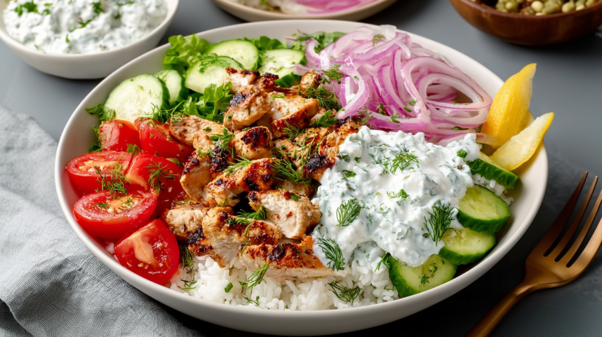 Un tazón de pollo con tzatziki con carne tierna y verduras crujientes. A un lado hay un tenedor.