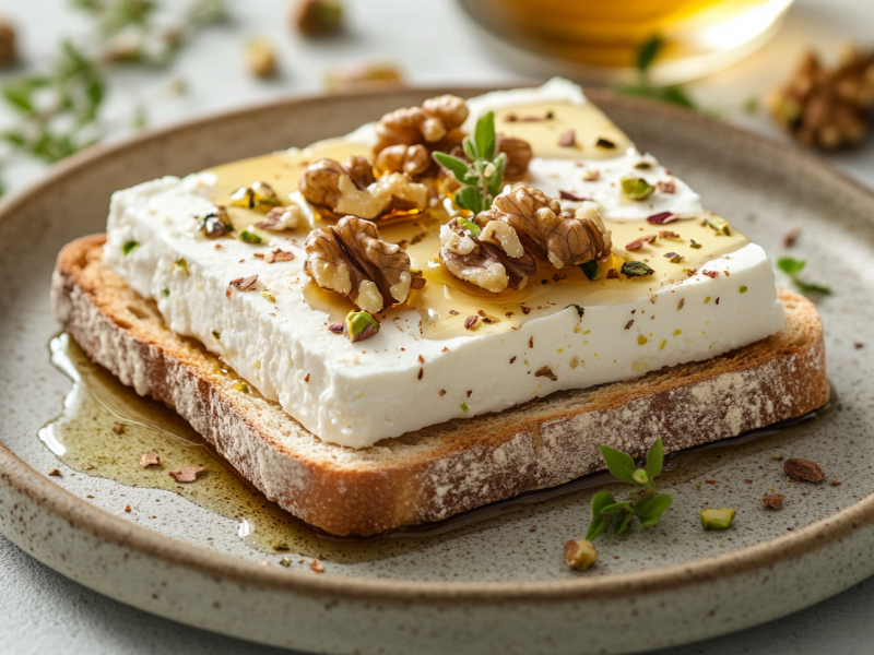 Una tostada de feta con nueces y pistachos en un plato, rodeada de menta y frutos secos picados.