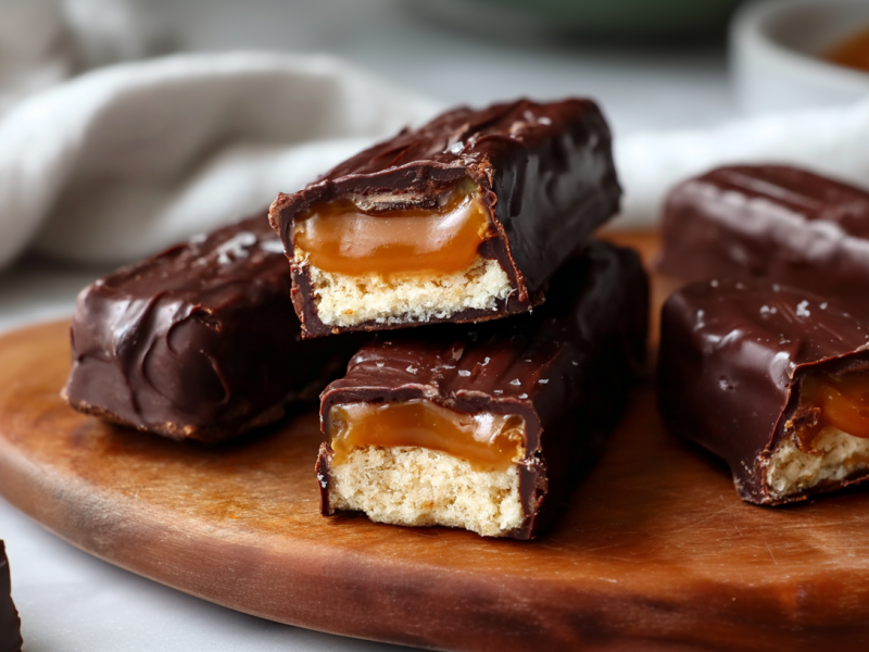 Cinco Twix veganos yacen sobre una tabla de madera. Al fondo se ve un paño de cocina. Tres barras están cortadas y dejan ver el relleno de caramelo y galleta.