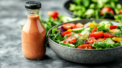 Una botella de aderezo francés junto a un tazón de ensalada.