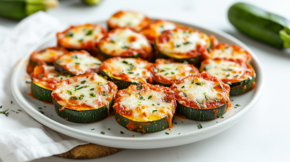 Bocaditos de pizza de calabacín en un plato blanco.