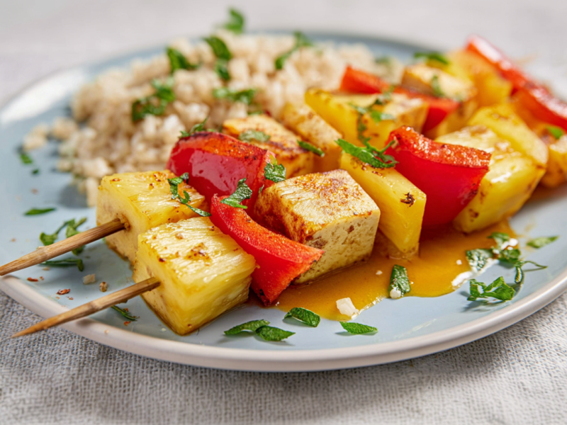 Platillo estrella del verano a la parrilla: brochetas de tofu con piña y pimiento