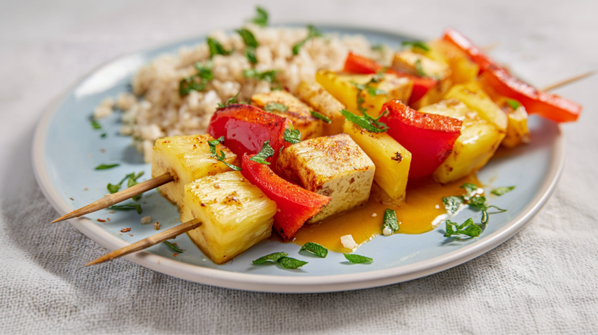 Brochetas de tofu a la parrilla con piña y pimiento, servidas en un plato con arroz.