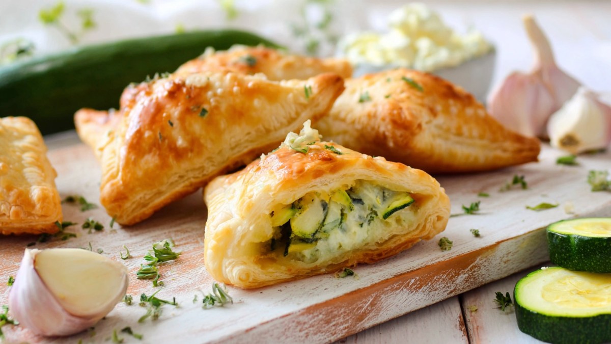 Una tabla de madera blanca sobre la que se colocan algunas empanadas de hojaldre, calabacín y queso fresco. Una de ellas está cortada por la mitad para que se pueda ver el relleno. Alrededor hay un calabacín, rodajas de calabacín, una cabeza de ajo y un diente de ajo, así como hierbas frescas picadas. Al fondo se puede ver un tazón con queso fresco.