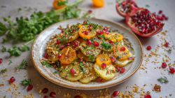 Un plato con ensalada de papa oriental. Está decorado con granos de granada y albaricoques secos picados. Alrededor del plato hay granos de granada, perejil y nueces picadas.