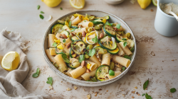 Un plato con ensalada de pasta y calabacín. Alrededor del plato hay hierbas frescas y almendras picadas. A la izquierda de la imagen hay un paño beige con un limón cortado en cuartos. En la parte superior de la imagen se ven más limones.