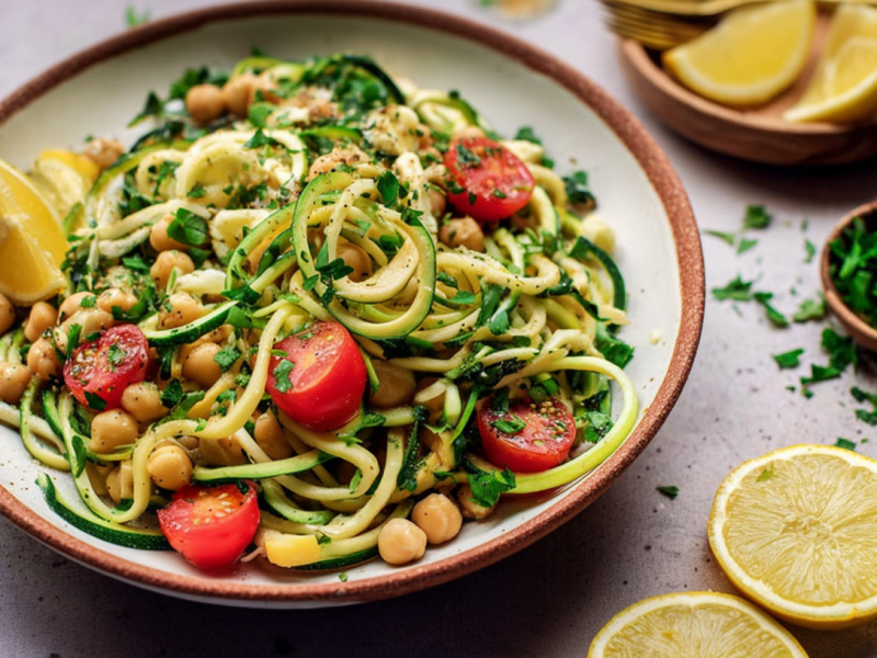 Tan rápido, tan cremoso, tan fresco: ensalada de zoodles de garbanzos con aderezo de tahini