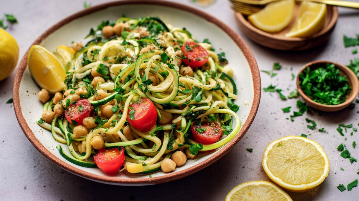 Un tazón con ensalada de zoodles de garbanzos con aderezo de tahini. Junto a él hay unas rodajas de limón como decoración y un cuenco con perejil fresco.