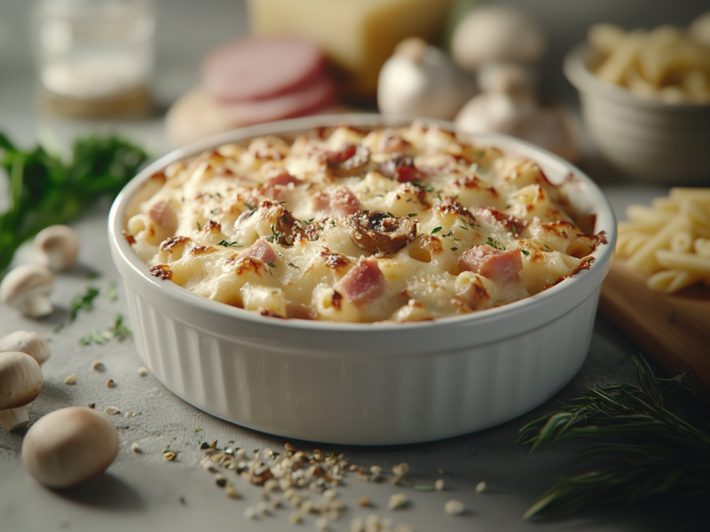 Este gratinado de pasta con jamón y champiñones demuestra lo fácil que es cocinar