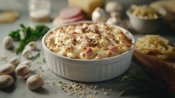 Gratinado de pasta con jamón y champiñones en una fuente redonda para horno, rodeado de ingredientes como champiñones y pasta cruda.
