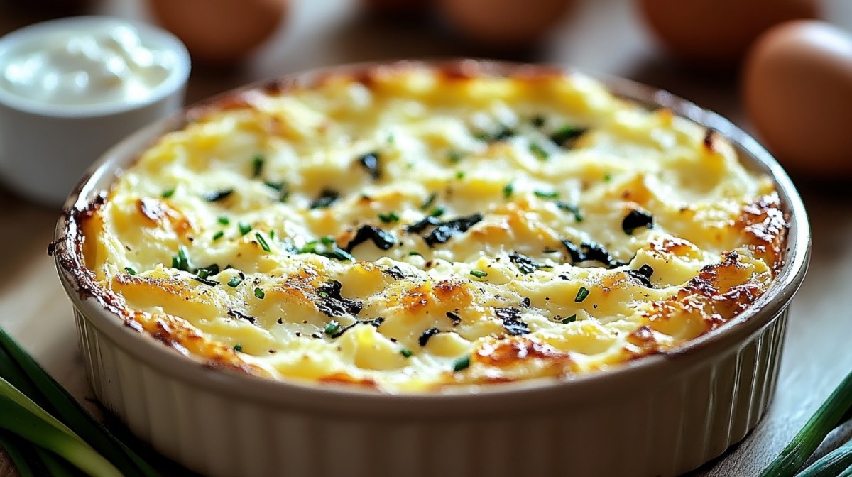 Huevos al horno con requesón y espinacas en un molde redondo para hornear, alrededor algunos ingredientes, vista cercana.