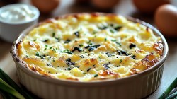 Huevos al horno con requesón y espinacas en un molde redondo para hornear, alrededor algunos ingredientes, vista cercana.