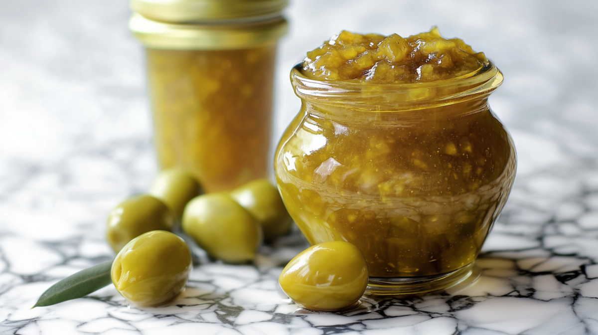 Dos frascos de mermelada de aceitunas sobre un plato. Algunas aceitunas frescas dispuestas como decoración alrededor.