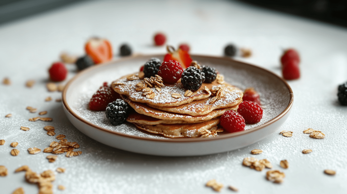 Pancakes de Muesli apilados en un plato blanco. Están espolvoreados con bayas y azúcar glas. Alrededor del plato hay muesli y más bayas esparcidas.