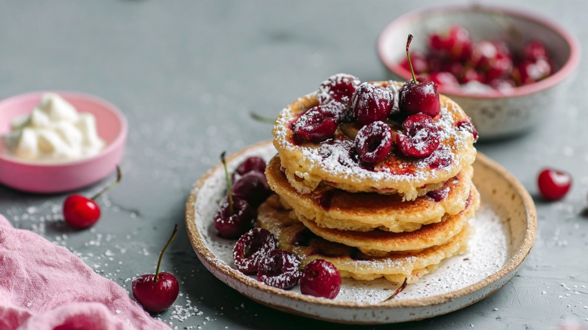 Un plato con una pila de panqueques de cereza adornados con algunas cerezas frescas y azúcar glas. Al fondo se ve un tazón con un poco de requesón de vainilla y un tazón con cerezas. Además, hay algunas cerezas frescas esparcidas. En la esquina inferior izquierda de la imagen hay un paño de cocina rosa.