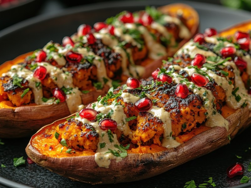 Dos papas rellenas con salsa tahini en un plato negro. Están rellenas de falafel, cubiertas con salsa tahini y decoradas con semillas de granada.